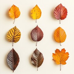Nine autumn leaves in various shades of brown, yellow, and red arranged on a white background.