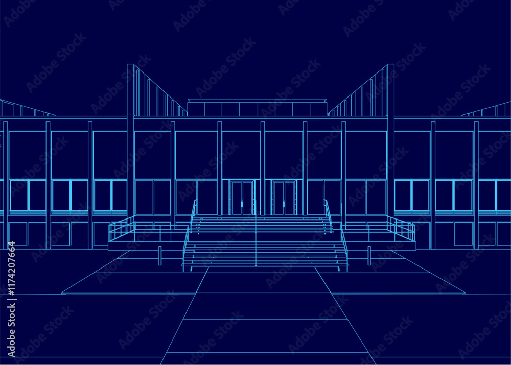 Aufkleber blue drawing of a building with a large staircase leading up to the entrance. the building appears t