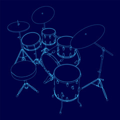 Blue drawing of a drum set with a blue background. The drum set is a full set with a snare drum, bass drum, and a pair of cymbals