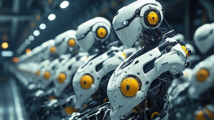 Fototapeta premium Many humanoid robots are standing still in a row inside a factory, possibly waiting for activation or maintenance, showcasing advanced robotics and automation