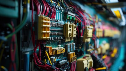 Close up view of an electronic circuit board, highlighting the intricate network of colorful wires connecting various components, showcasing the complexity of modern electronics