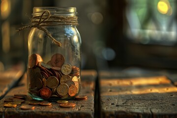 Glass Jar Filled With Coins on a Wooden Surface