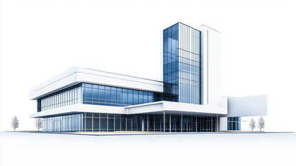 3D rendering of modern factory office building on white background