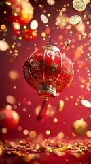 Obraz premium Red lantern, gold coins falling; festive, prosperous Lunar New Year!