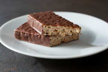 A view of a halved chocolate candy bar.