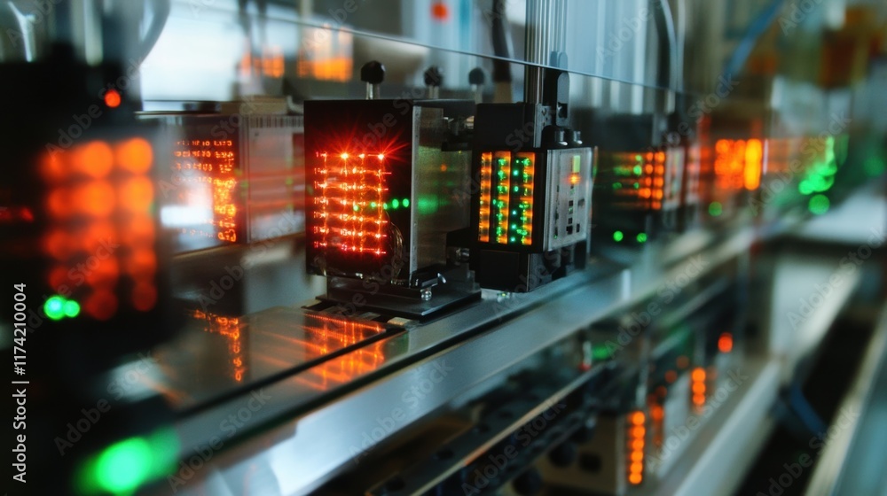 Poster modern automated production line transporting components with illuminated panels and indicators, sho