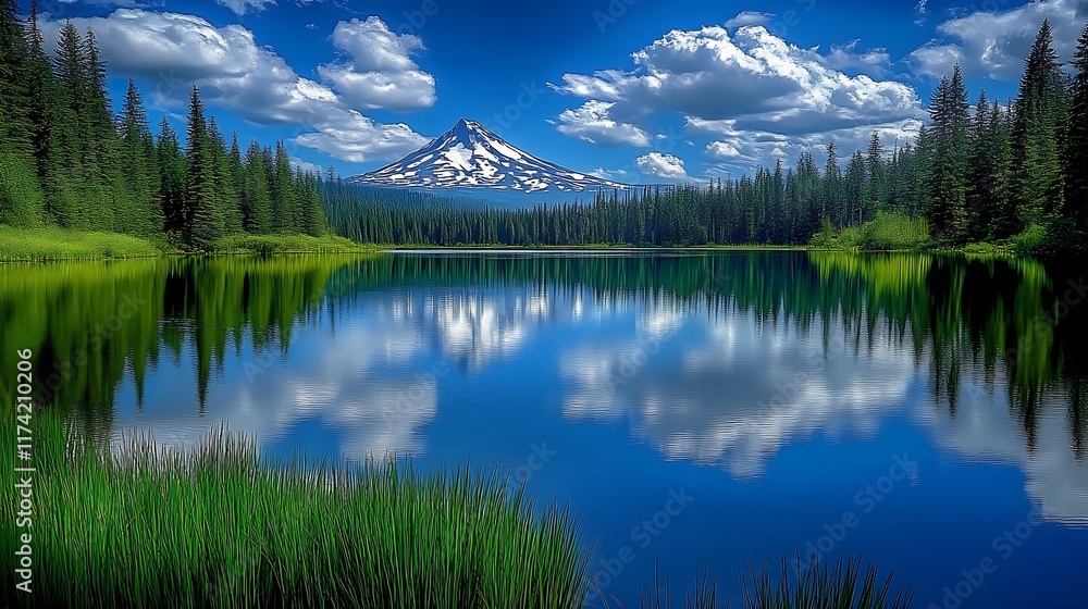 Poster reflection of snow capped mountain peaks in a crystal-clear lake surrounded by forests : generative 