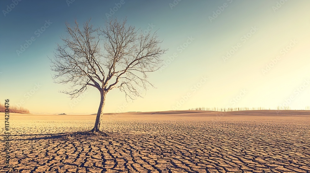 Aufkleber solitary tree in expansive parched desert terrain at dawn with clear sky : generative ai