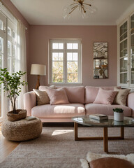 Fototapeta premium Chic modern living room with wide windows a baby pink couch and a spacious pastel pink color scheme for a bright airy atmosphere