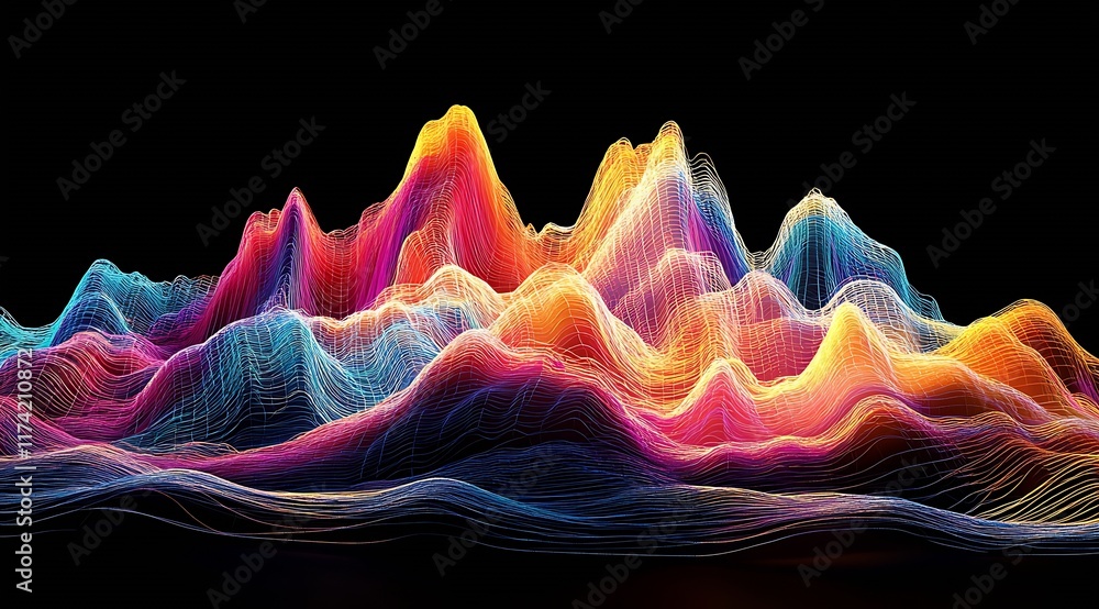 Poster Dynamic Colorful 3D Ridges with Neon Light Effects in Digital Rendering : Generative AI
