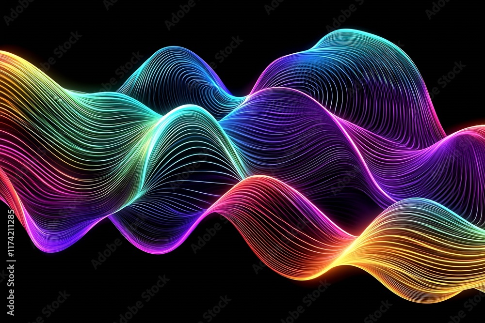 Poster Dynamic Rainbow Wave of Light Creating Fluid Abstract Patterns on Black Canvas : Generative AI