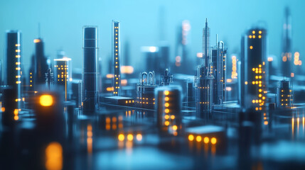 Fototapeta premium 3D rendering of an industrial city with modern buildings and factories illuminated by blue lights