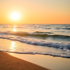 Fototapeta premium A photograph depicting a serene beach scene at golden hour, featuring soft light