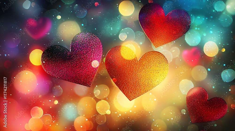 Aufkleber vibrant glimmering hearts with dreamy bokeh background symbolizing affection and celebration : gener
