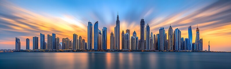 Obraz premium Majestic Sunrise Over Dubai Marina's Panoramic Skyline and Tranquil Waters : Generative AI