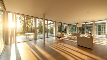Fototapeta premium Modern Minimalist Living Room with Large Windows, Wooden Flooring, and Light Furniture