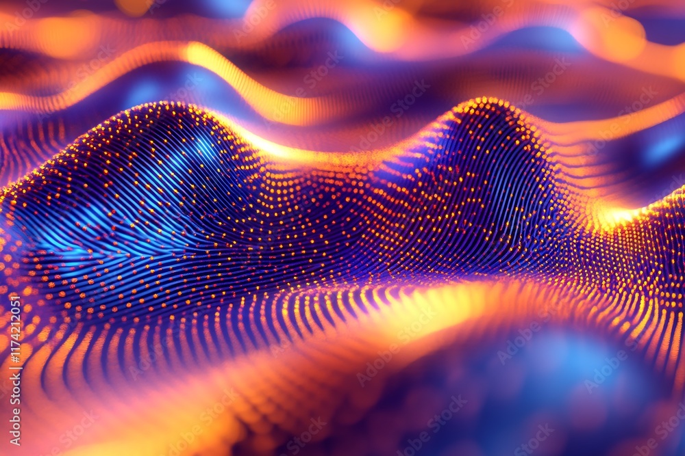 Poster Colorful abstract wave patterns with glowing dots creating a vibrant futuristic visual effect : Generative AI