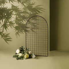 Elegant Arch Olive Green Background Floral Arrangement Shadowy Leaf Design Botanical Studio Shot