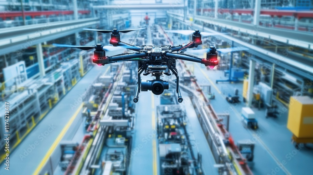 Poster high tech drone equipped with a camera is flying through a large industrial factory, monitoring the 