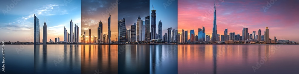 Aufkleber vivid multiphase representation of dubai skyline transitioning from day to night with reflective wat