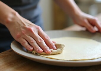 Preparing flatbread by hand in a rustic kitchen with traditional methods
