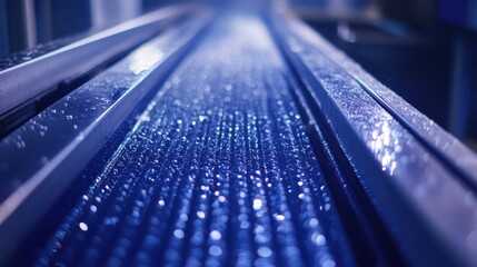 Close up of wet metal surface with regular pattern and water droplets reflecting light, creating a mesmerizing blue hue, suitable for industrial or abstract backgrounds