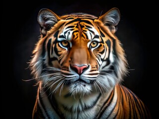 Fototapeta premium A majestic night tiger dominates this powerful wildlife photograph, its dark silhouette striking.