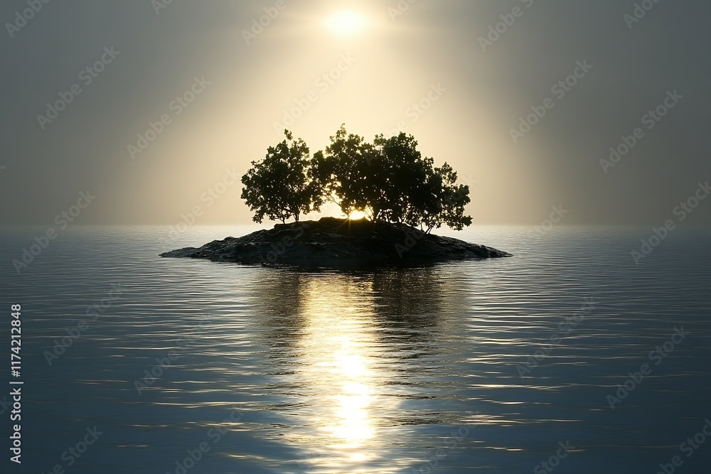 Poster tranquil island at sunset with reflective waters and silhouetted trees : generative ai