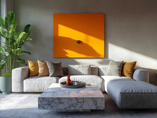 Urban Chic Living Room with Sleek Gray Sectional Sofa, Marble Coffee Table, Bold Artwork, and Vibrant Green Plants