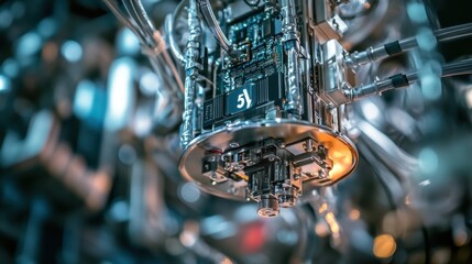 Complex telecommunication equipment featuring integrated circuits and optical fiber cables, emitting orange light while enhancing connectivity in a modern data center