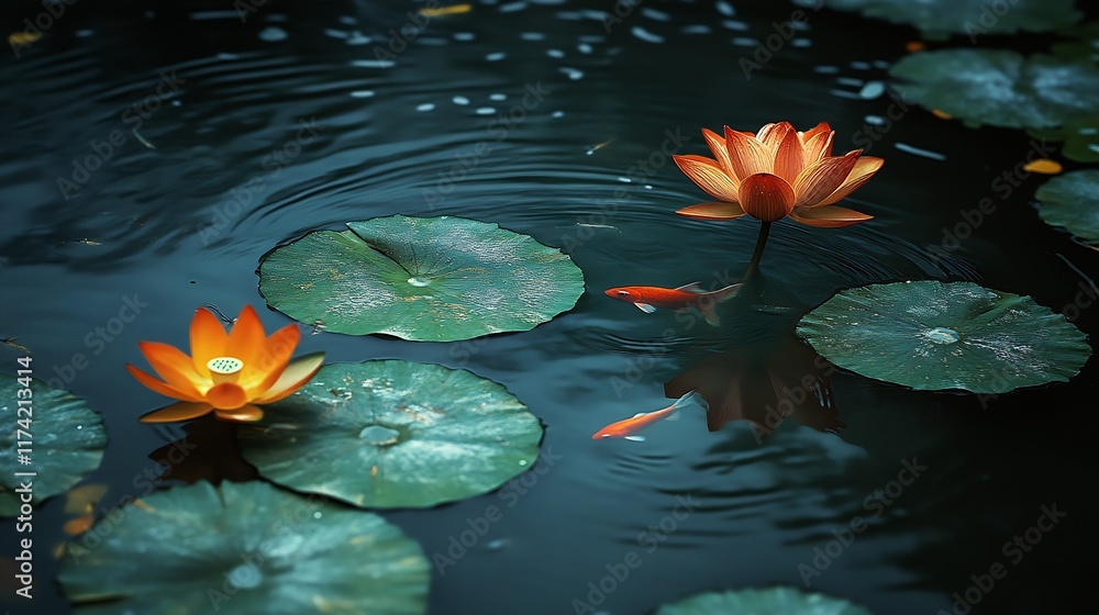 Poster Charming Lotus and Koi Fish Trio in Reflective Pond with Floating Lily Pads : Generative AI