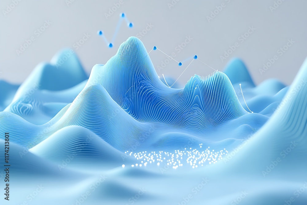 Fototapete Blue Waves and Peaks with Futuristic Floating Particles and Geometric Connections : Generative AI