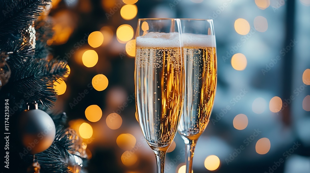 Poster champagne toast with bubbles and bokeh for a joyful celebration : generative ai