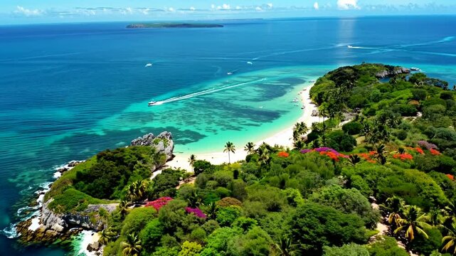 Aerial view of a beautiful island surrounded by ocean, with boats passing by on a sunny day. Generative ai