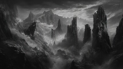 Dark Mountains shrouded in misty cloudscape