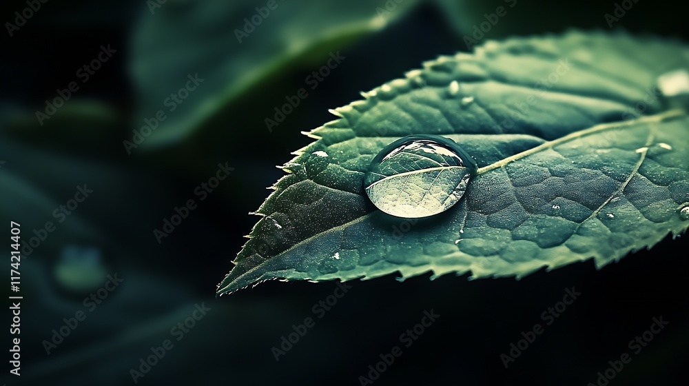 Poster scenic view of water droplet on textured leaf showcasing nature's fragile beauty : generative ai