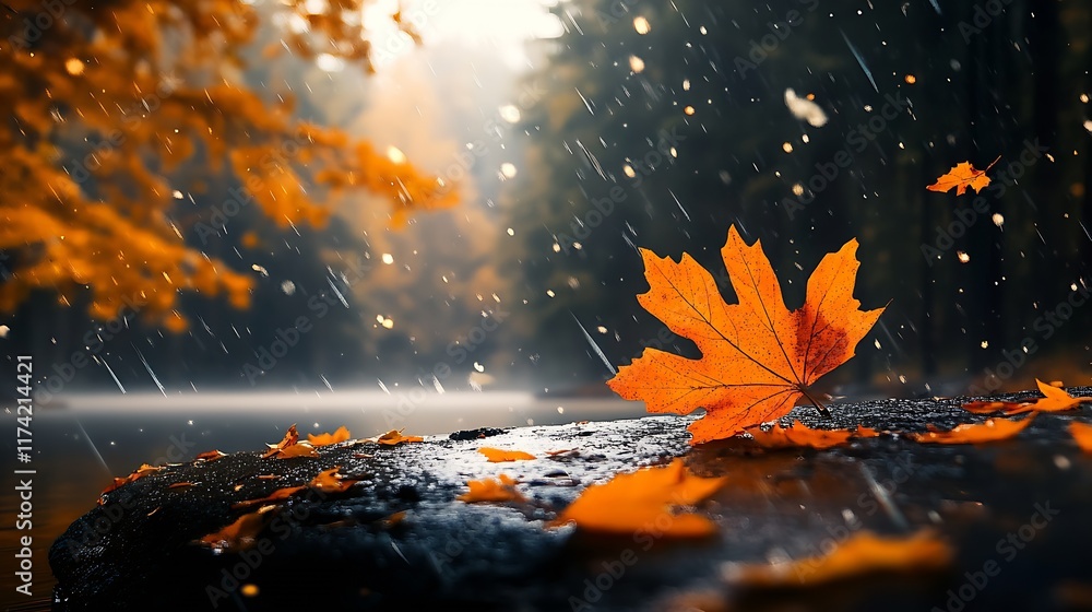 Poster autumnal maple leaf highlighted in rain across tranquil forest lakeside : generative ai