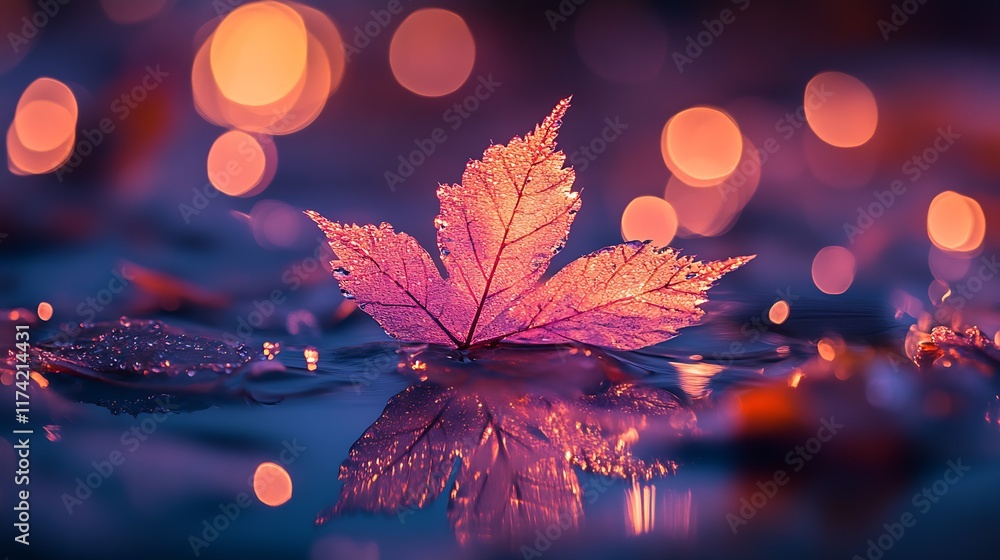 Poster artistic image of autumn leaf balancing on water with sparkling bokeh creating dreamlike scene : gen