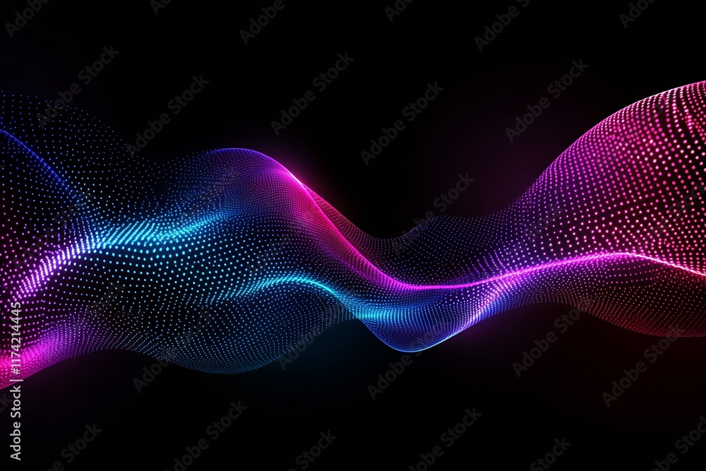 Aufkleber colorful flowing wave digital art with neon and particles on dark background : generative ai