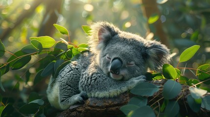 Obraz premium A peaceful koala sleeping on a branch surrounded by green leaves.