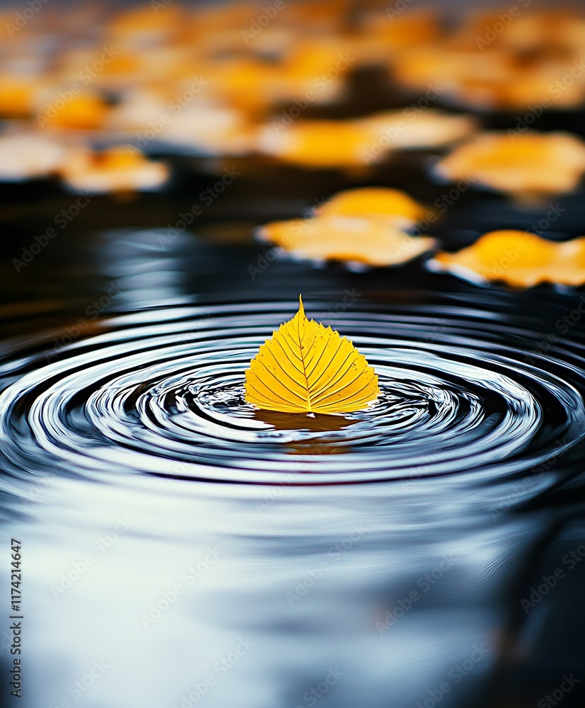 Poster yellow leaf making ripples on tranquil water surface in autumn : generative ai