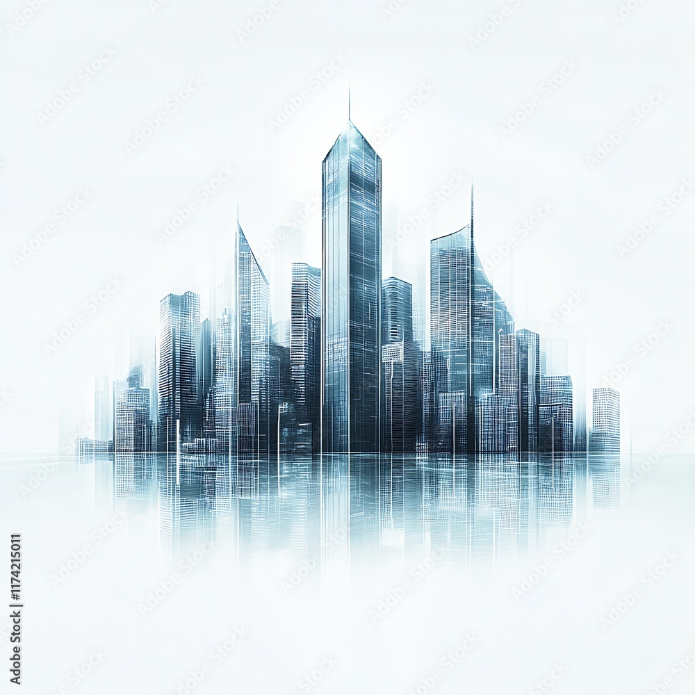 Aufkleber Dreamlike Architectural Cityscape Composed of Ethereal Blue Skyscrapers in a Minimal Reflected Setting : Generative AI