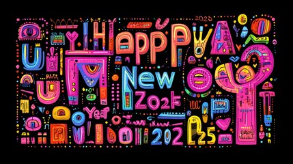 Vibrant, playful design for New Year 2025 greetings. Ideal for cards, posters, social media, and website banners.