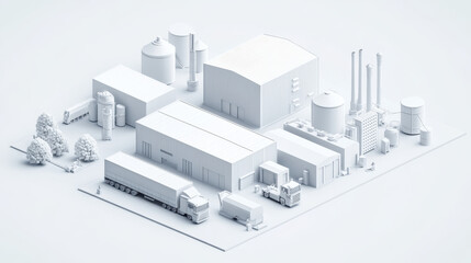 3D rendering of white modern factory area with parked logistics vehicles