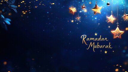 Naklejka premium A mystical Ramadan Mubarak greeting with gold star ornaments hanging against a dark blue starry night sky. Ideal for social media posts, website banners or digital greeting cards.