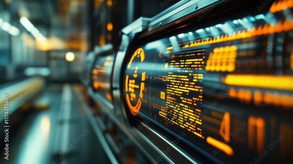 Poster orange digital data flows on futuristic control panels, illuminating a high tech environment with co