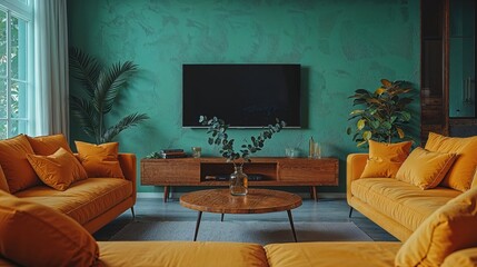 Generative AI, Stylish Modern Living Room with Warm Terracotta and Mid-Century Elements