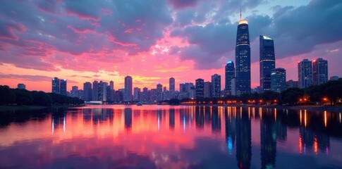 Cityscape at dusk with skyscrapers and reflections in a serene lake, skyscraper, nightlife