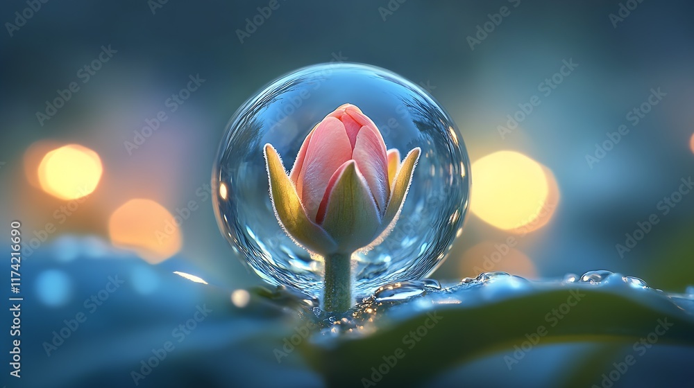 Poster enchanted rosebud in dew-kissed globe amidst romantic bokeh : generative ai