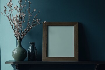 Empty frame mockup on shelf with vase and branches.